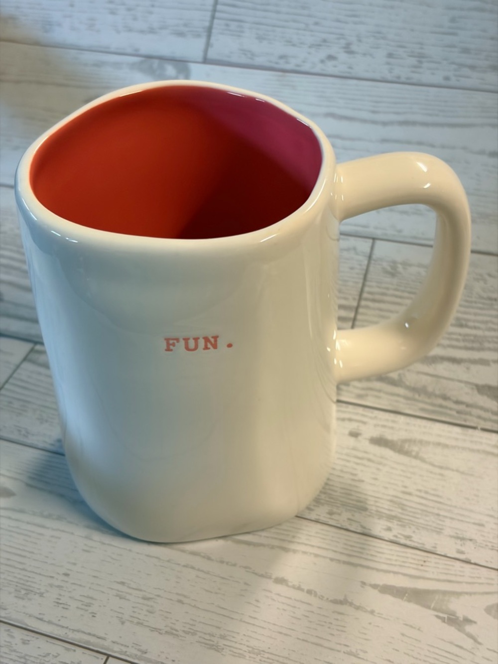 FUN. Rae Dunn White Ceramic Mug with Pink Interior artisan farmhouse